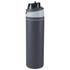 A drink bottle in dark grey with a black lid and a straw feature, designed with a sleek, modern look.