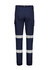 A pair of navy cargo pants with reflective stripes and cuffs, featuring side pockets and a logo tag.