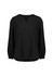 A black women's long sleeve blouse with a V-neck and gathered sleeves, featuring a subtle logo.