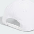 A white six-panel cap featuring an adjustable strap and a logo on the back.