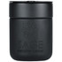A drink bottle featuring a black ceramic tumbler with a silicone wrap and a logo on the front.
