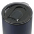 A drink bottle featuring a navy exterior, a black lid, and a stainless steel straw, with a logo visible.
