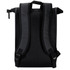 A black roll-top backpack featuring padded adjustable straps and a mesh back for comfort. It has a logo on the exterior.