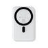 A white magnetic power bank with a circular design and a charging port on one side. It has a branding logo.