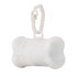 A white bone-shaped dog waste bag dispenser with a clip attachment. It has a speckled texture.