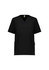 A black women's V-neck scrub top with short sleeves and two front pockets. It features a branding logo.