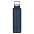 A drink bottle in navy blue with a silver lid and a branded logo on the front.