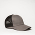 A grey trucker cap with a solid front and black mesh back, featuring a branding logo.