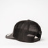 A black mesh trucker cap featuring a six-panel design and a branded logo on the front.