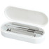 A white manicure set containing stainless steel tools in a sleek, oval case.