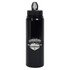 A drink bottle in matte black with a screw-top lid and a logo, featuring a design related to adventure and expeditions.