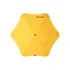 A yellow umbrella with a star-shaped canopy and a central pole. It has a logo on its surface.