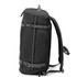 A black travel backpack with grey straps and organisational pockets, featuring a sleek, structured design.