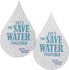 A textured, seed paper water drop in white with blue text promoting water conservation. It has a logo.
