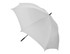 A white auto golf umbrella with a black handle and a logo on the canopy.