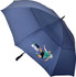 A navy blue golf umbrella featuring a player kicking a soccer ball and a logo.