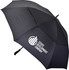 A large black auto golf umbrella featuring a logo, ideal for protection on the golf course.