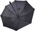 A black auto golf umbrella with a sturdy design and a curved handle. It features a logo on the canopy.