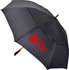 A black auto golf umbrella featuring a curved handle and a logo on one panel.