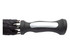 A black handle of an umbrella with a silver accent, featuring several bent ribs at the top.