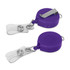 A purple retractable ID holder with a clip and clear strap for attaching identification cards. It features a branding logo.