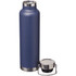 A drink bottle in navy blue with a stainless steel base and a removable lid featuring a handle.