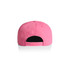 A pink cap with a flat brim and an adjustable strap at the back. It features a logo on the side.