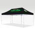 A black marquee tent with a green logo and text, featuring an open frame and adjustable height.