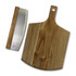 A wooden cheese board and knife set in brown and silver, featuring a sleek design and a hanging hole.