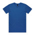 A blue t-shirt displayed flat, featuring a simple design and a logo at the neckline.