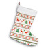 A white Christmas stocking featuring red reindeer and green trees, accented with festive snowflakes and a fluffy top.