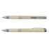 A beige eco pen with a sleek design, featuring a chrome clip and accents. The pen has a logo on the side.