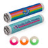 Assorted flavour fruit rings in various colours, including pink, orange, and green, with packaging featuring logos.