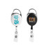 A premium retractable ID badge holder in silver with two different colored sides, featuring logos and clips.