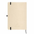 A beige A5 notebook made from sugarcane, featuring a black elastic closure and a logo.