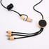 A charging cable with a black and wooden design, featuring multiple connectors and a braided cord.