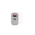A white wall charger featuring a USB-A port and a USB-C port with a gray front.