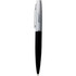 A sleek metal ballpoint pen in white and black, featuring a logo on the barrel.