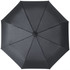 A black foldable umbrella with an automatic open and close feature, featuring a central hub and ribs.