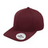 A maroon classic 6 panel cap with a rounded crown and a logo on the side.