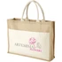 A jute tote bag featuring a natural beige colour with a cream front panel and handles, including a logo.