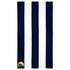 A navy and white striped cotton beach towel featuring a logo in one corner.
