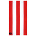 A cotton beach towel featuring red and white striped design with a logo in the corner.