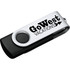 A USB flash drive in black and silver, featuring a logo on its casing. It has a rotating design for easy use.