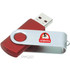 A red and silver rotate USB flash drive with a branding logo.