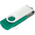 A green and silver rotate USB flash drive featuring a circular button for easy use. It has a sleek, modern design.