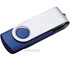 A purple and silver USB flash drive featuring a rotating design and a logo on its surface.