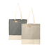 A grey and a beige tote bag made from recycled cotton twill, each featuring a branding tag.