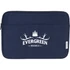 A navy laptop sleeve with a front logo and a zipper closure, designed for 16-inch laptops.