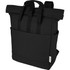 A black recycled canvas backpack tote with adjustable straps and a front pocket. It features a logo.
